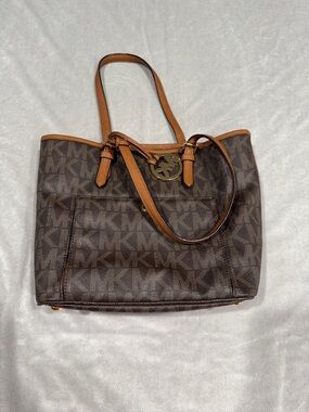 Michael Kors Dark Brown MK Monogram Tote with Tan Trim